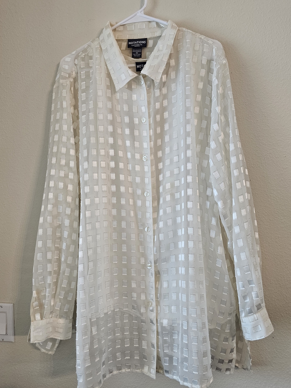 Notations White Sheer Shimmer Grid-Texture Button Down Shirt With Tank